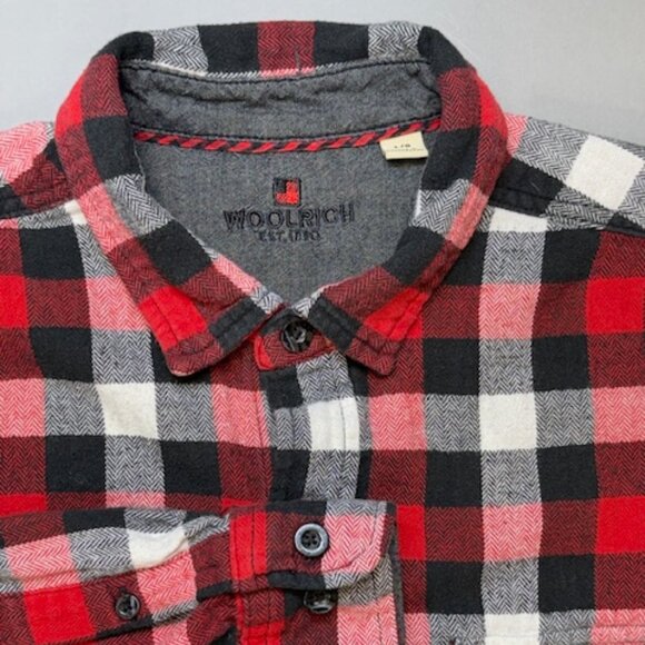 Woolrich Shirt Mens Large Black Red Flannel Plaid Button Up Lumberjack Outdoors - Picture 1 of 7